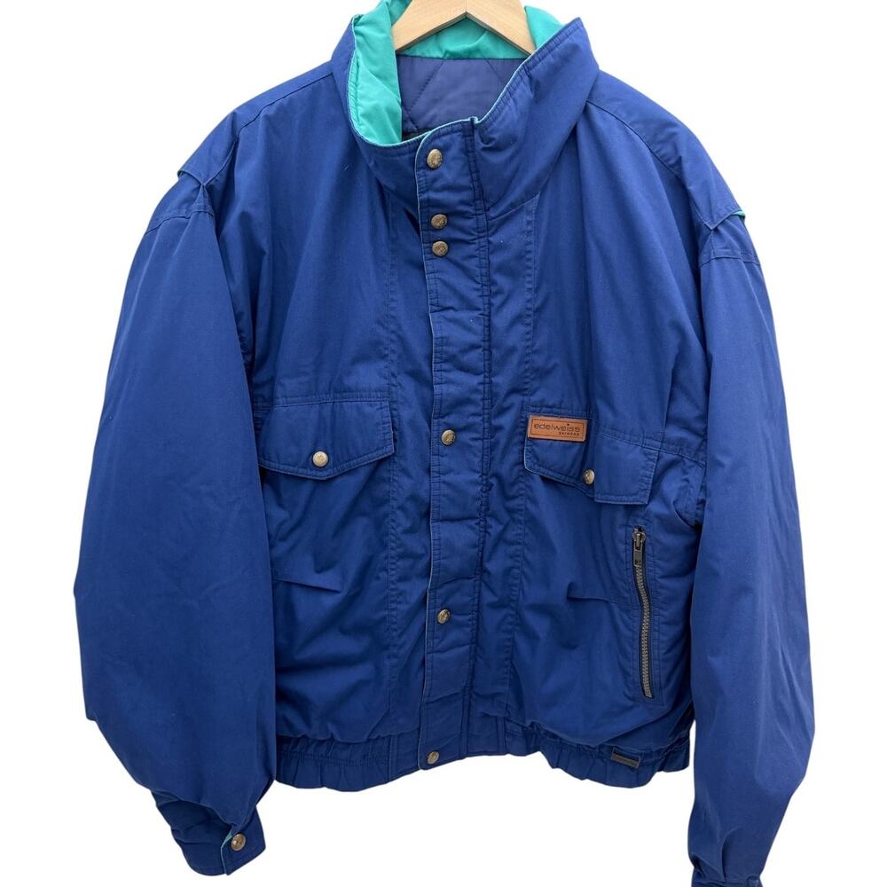 Edelweiss Skiwear Jacket Mens Medium Blue Green Vintage Ski Coat Snap Front